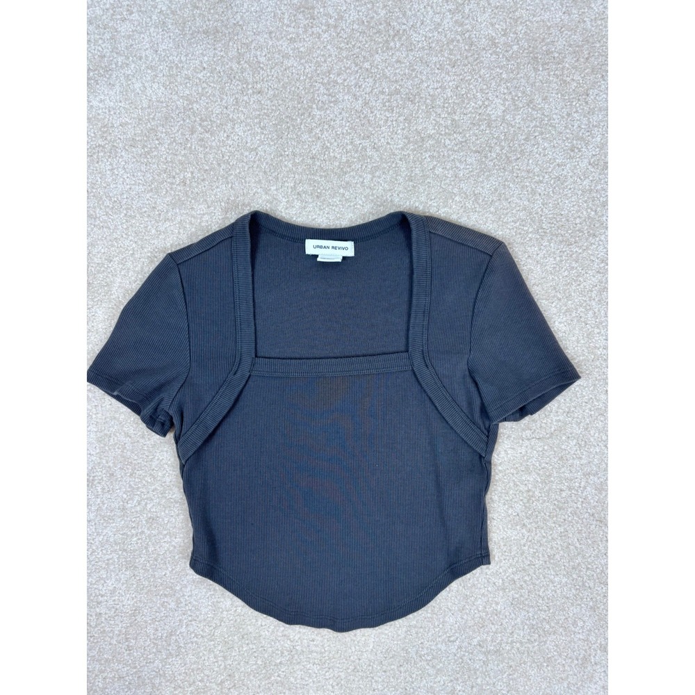 Urban Revivo Womens Charcoal Grey Ribbed Square Neck Curved Hem Crop Top Size 4